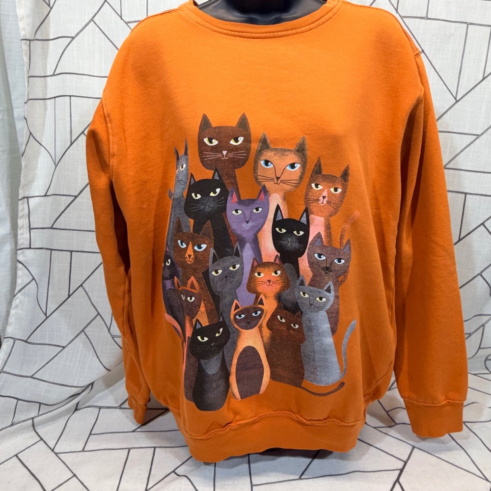 Amadora Sport Sweatshirt Med Orange Halloween Cat Graphic Fleece Crewneck
